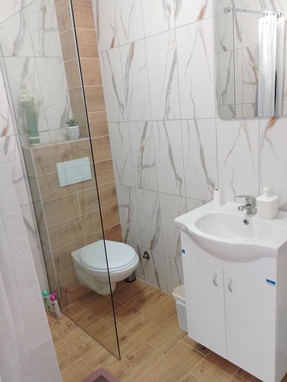 een badkamer met een toilet en een wastafel bij Apartman ELIT in Veliko Gradište