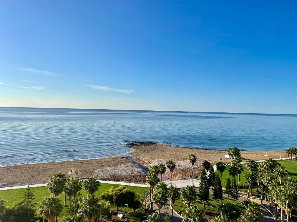 una vista aérea de una playa con palmeras y el océano en Apartamento en primera linea frontal al mar, en El Borseral