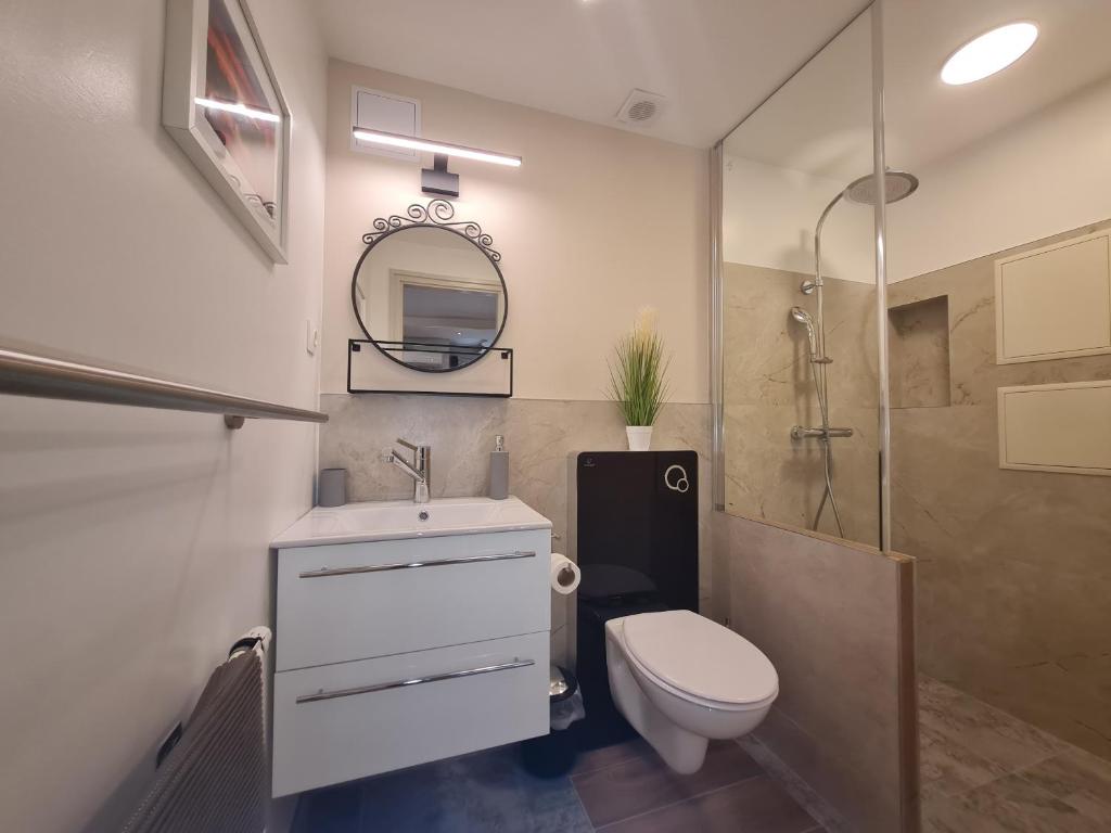 ein Bad mit einem WC, einem Waschbecken und einer Dusche in der Unterkunft Csever Apartman in Tata