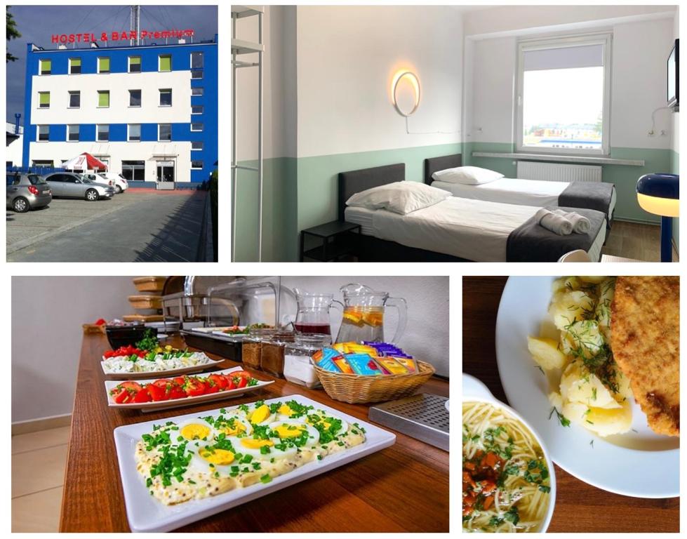 a collage of pictures of a hotel room with food at Premium Hostel & Bistro in Mielec
