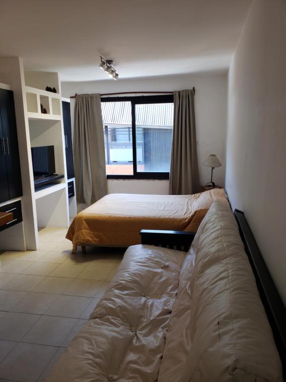 圣马丁德洛斯Departamento Atrapa sueños - Sale Patagonia的一间卧室，里面有一张床和一扇大窗户。