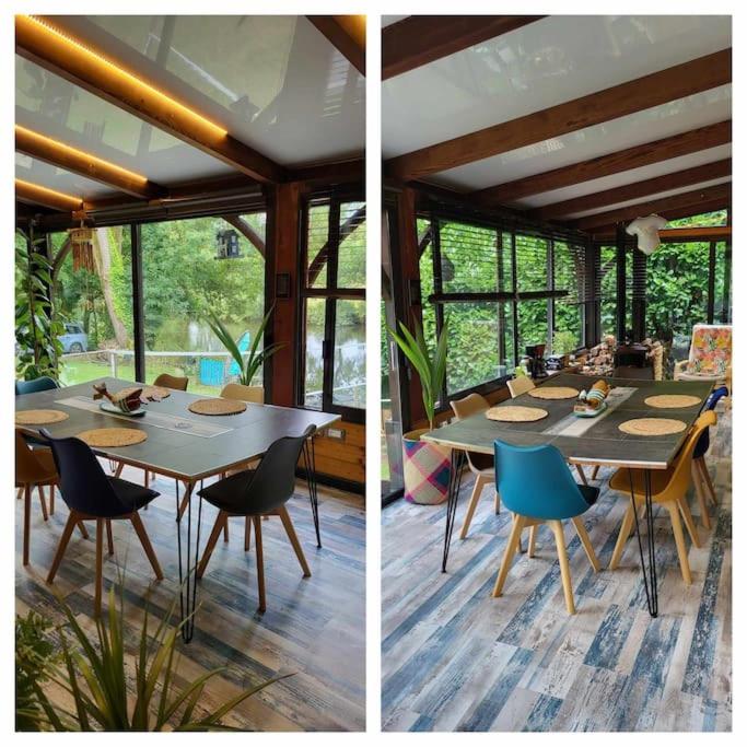 two pictures of a dining room with a table and chairs at Maison de vacances: chez Nirina in Mortagne-sur-Sèvre