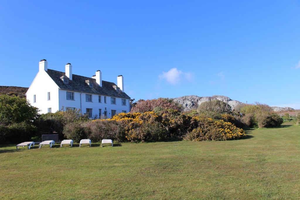 ein weißes Haus mit einer Reihe von Stühlen auf einem Feld in der Unterkunft Tan Y Cytiau in Holyhead