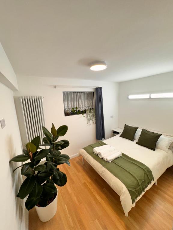 een slaapkamer met een bed en een potplant bij Luxury 2 BHK in Canary Wharf in Londen