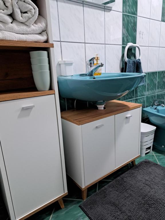 a bathroom with a blue sink and a toilet at Apartmani Habibi in Jalžabet