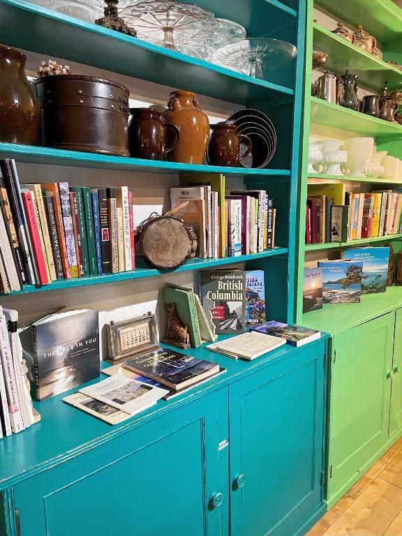 a blue book shelf with books on it at Wisteria Guest House in Ganges