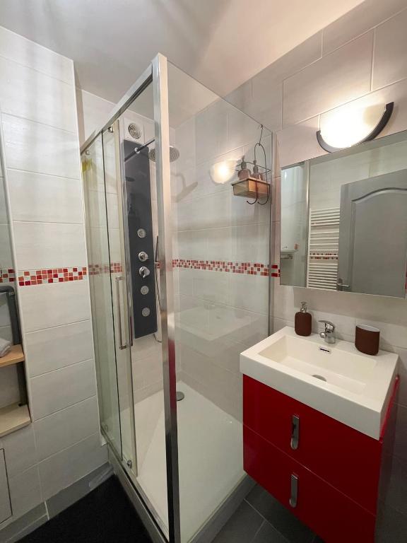 a bathroom with a glass shower and a sink at Chez NAYA- Proximité Paris- Métro 8 in Alfortville
