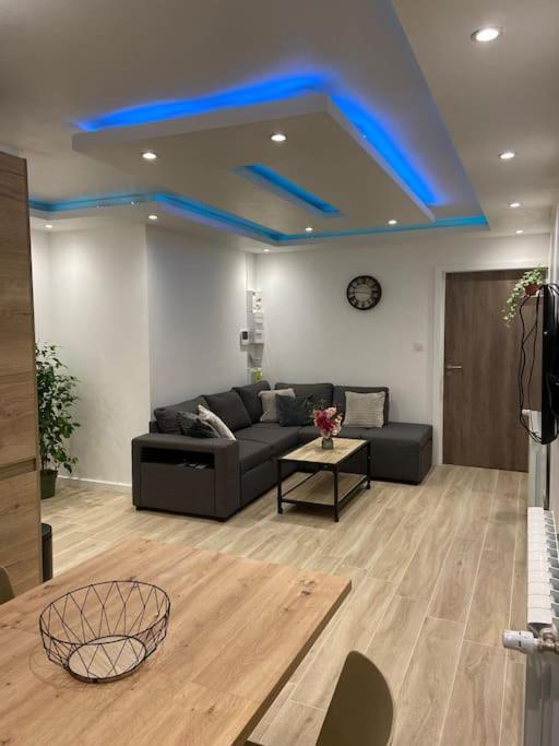 a living room with a couch and a blue ceiling at Les Cèdres in Morbier