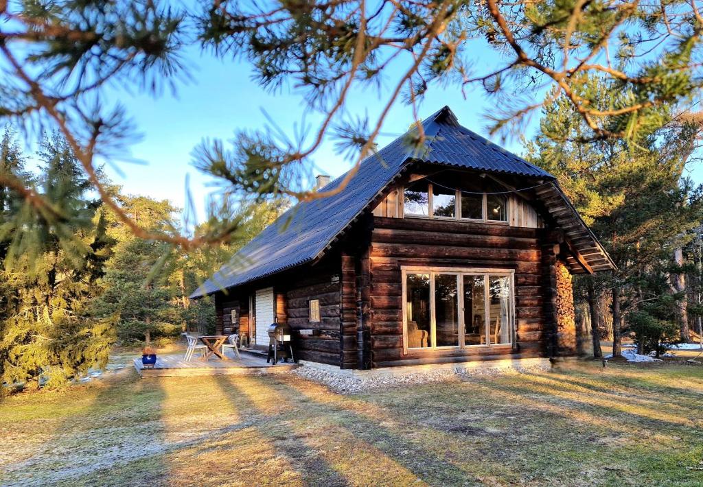 Cabaña de madera con techo negro en Kenama Loghouse and Archaic Sauna, en Meremõisa