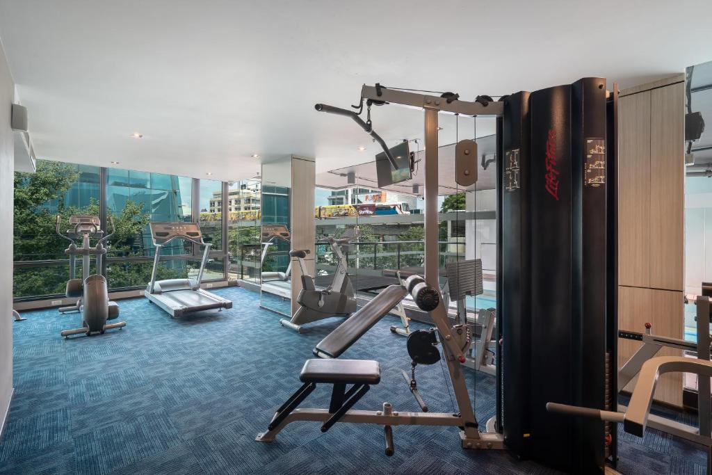 A bright, glass-walled gym with cardio and strength equipment.