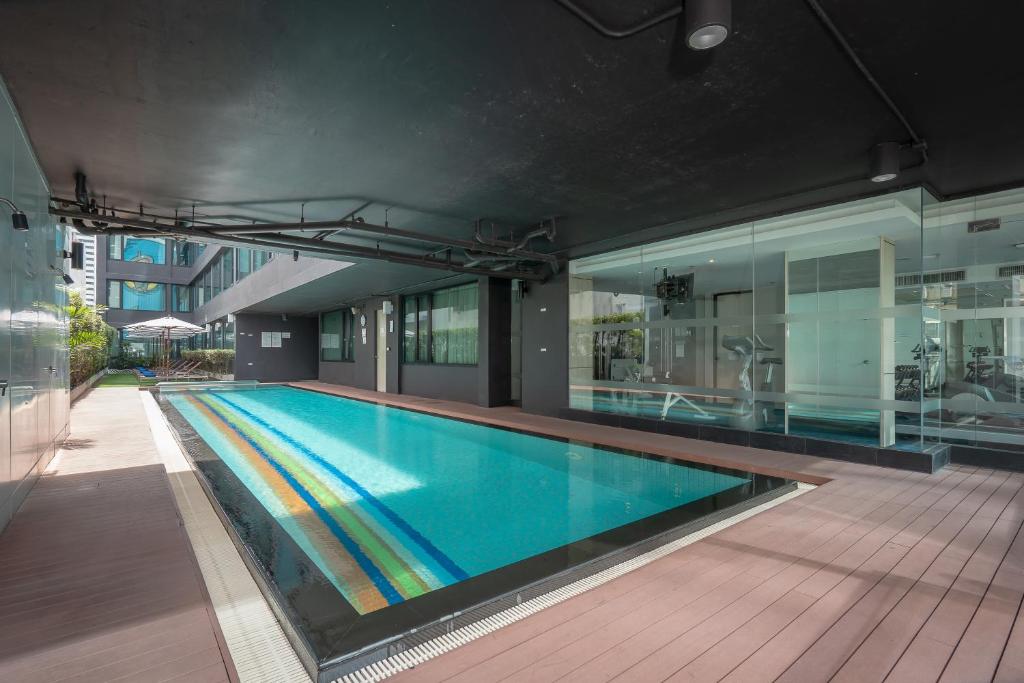 A covered lap pool beside the hotel gym.