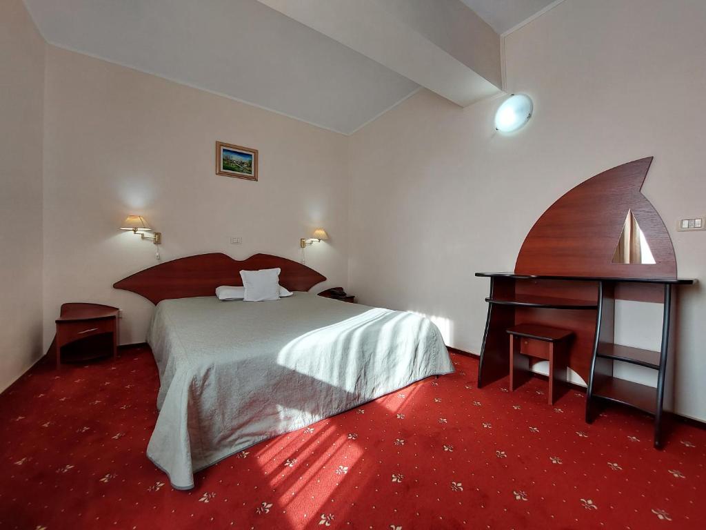 a hotel room with a bed and a piano at Hotel Egreta in Tulcea