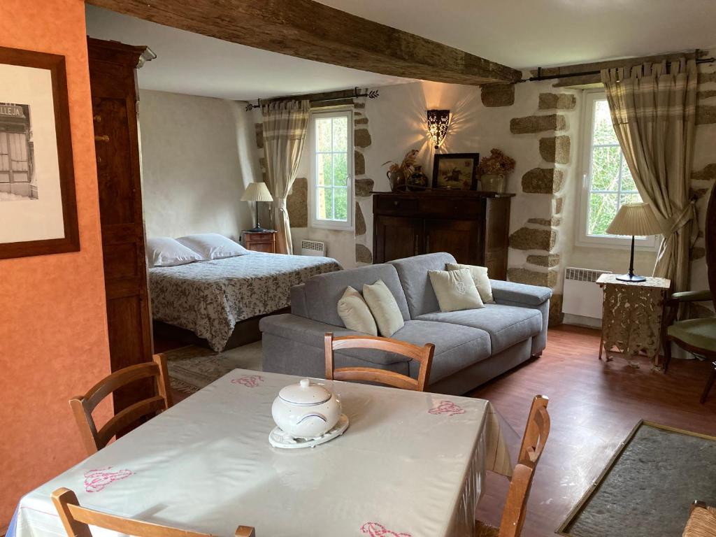 ein Wohnzimmer mit einem Sofa und einem Tisch in der Unterkunft Le gîte d'Etienne in Joué-du-Bois