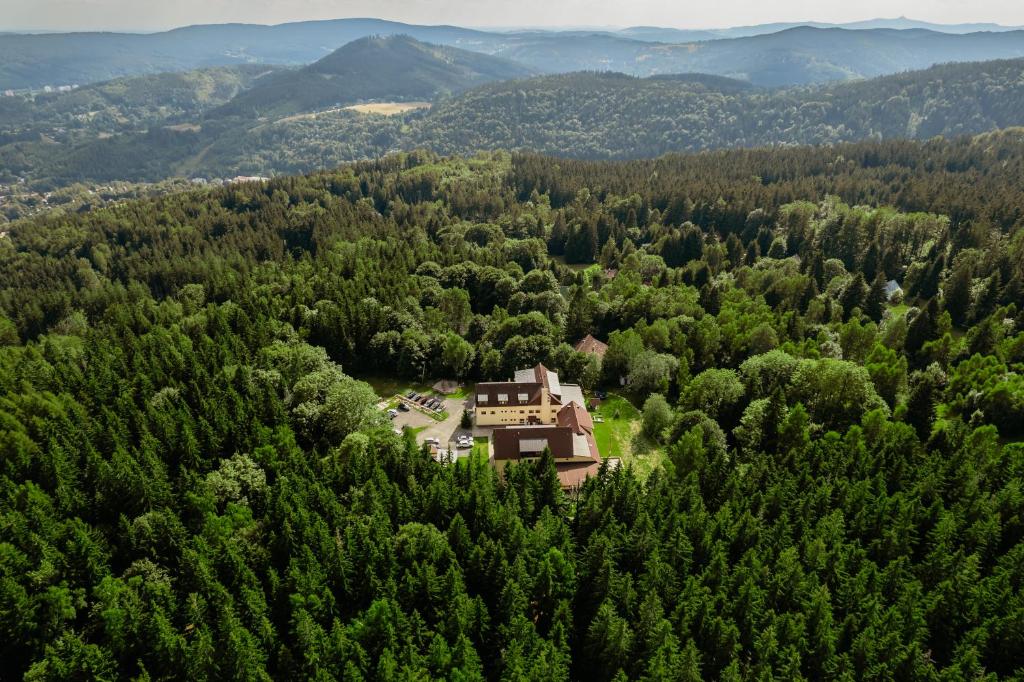 eine Luftansicht eines Hauses inmitten eines Waldes in der Unterkunft Amantis Vital Sport Hotel in Desná