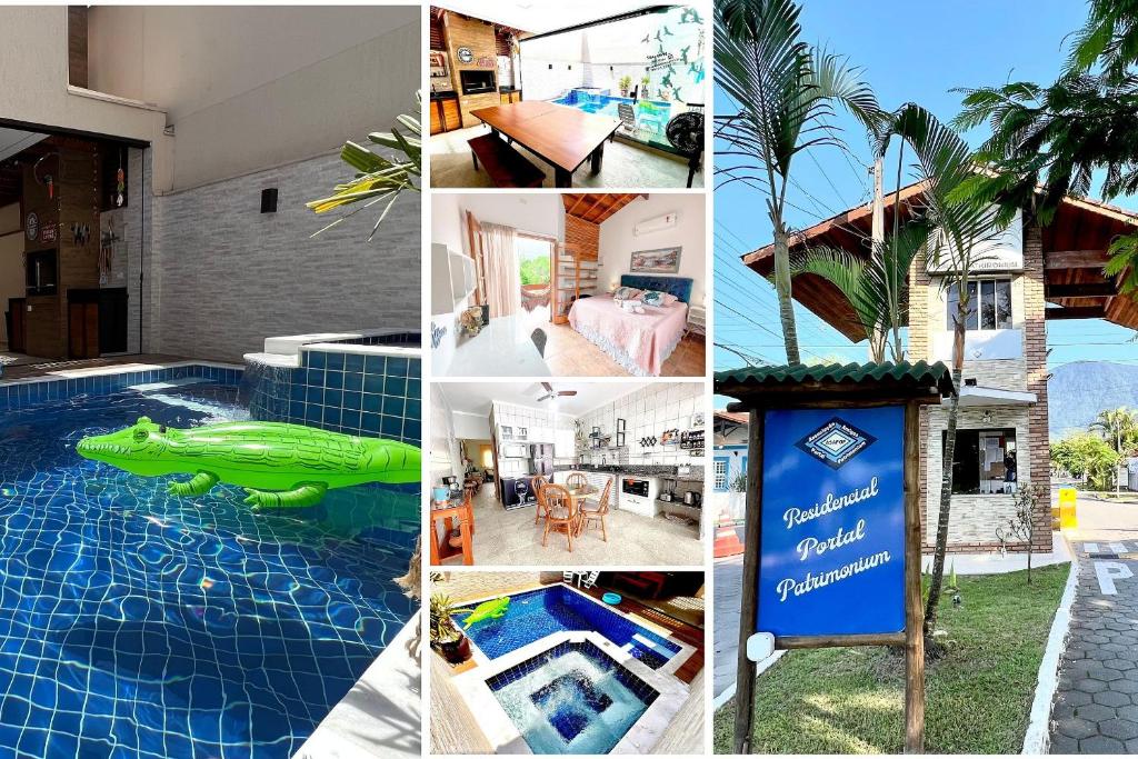 a collage of photos of a house with a swimming pool at Casas Marimar em condominio Piscina privativa com ofurô ,Churrasqueira,Sinuca e Ping Pon, in Caraguatatuba