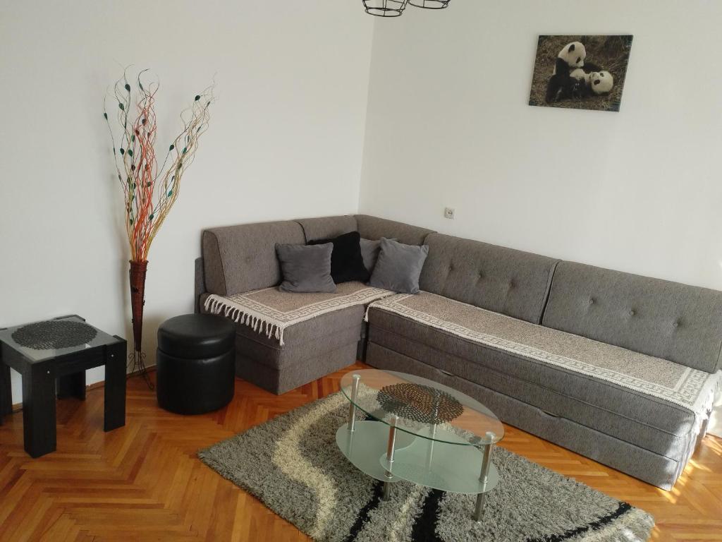 萊斯科瓦茨的住宿－Apartman Petra，客厅配有沙发和桌子