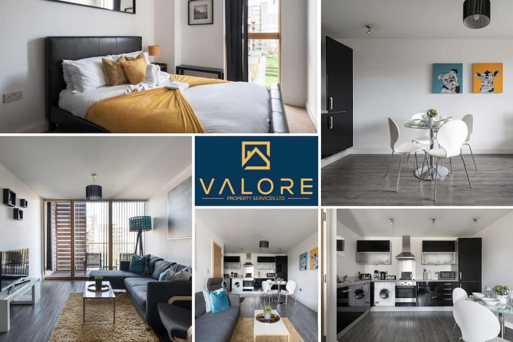 a collage of photos of a bedroom and a living room at Modern 2 bed in central MK, Free Parking, Smart TV in Buckinghamshire
