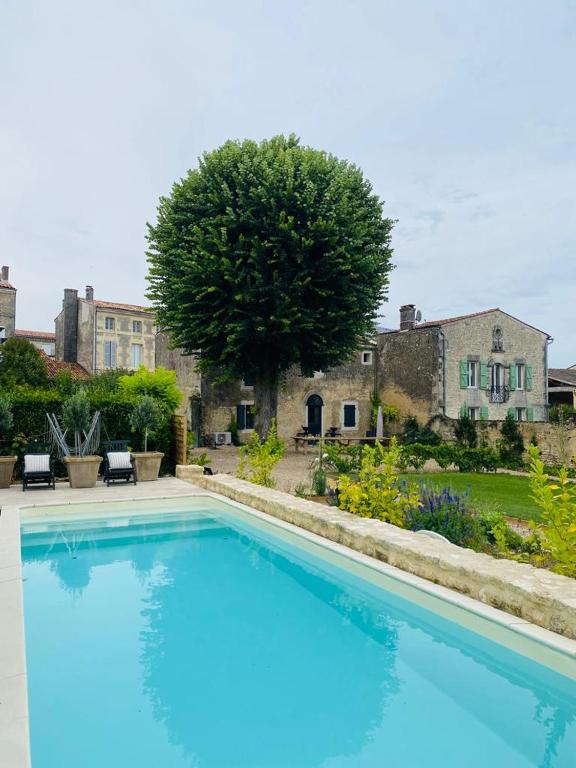une grande piscine bleue devant une maison dans l'établissement The Apartment, à Saint-Jean-dʼAngély