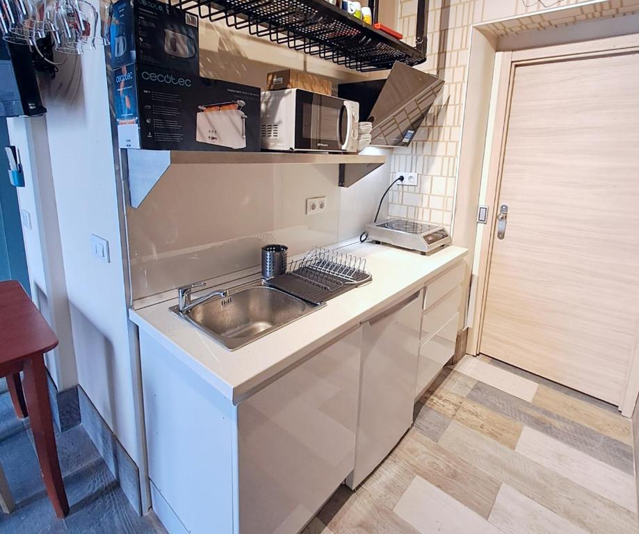 uma pequena cozinha com um lavatório e um micro-ondas em LOFT DELUXE - MADRID RETIRO em Madri