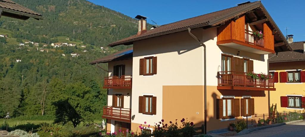 un edificio con balcones y una montaña en el fondo en Apartment Relax Natura, en Canal San Bovo