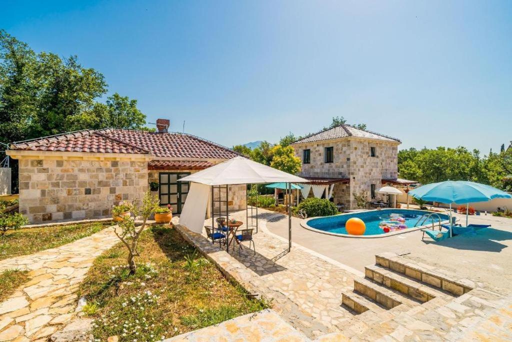 a villa with a swimming pool and a house at Dubrovnik Chalets in Čilipi