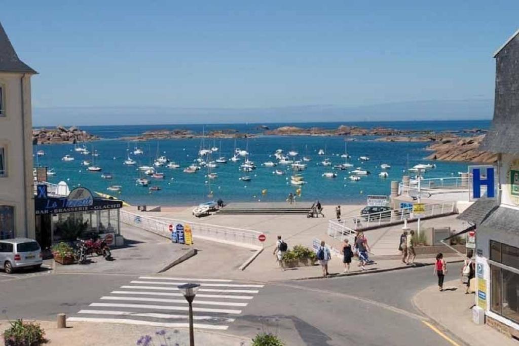 une vue d'un port avec des bateaux dans l'eau dans l'établissement Superbe appartement BELLE VUE MER à TREGASTEL - Réf 611, à Trégastel