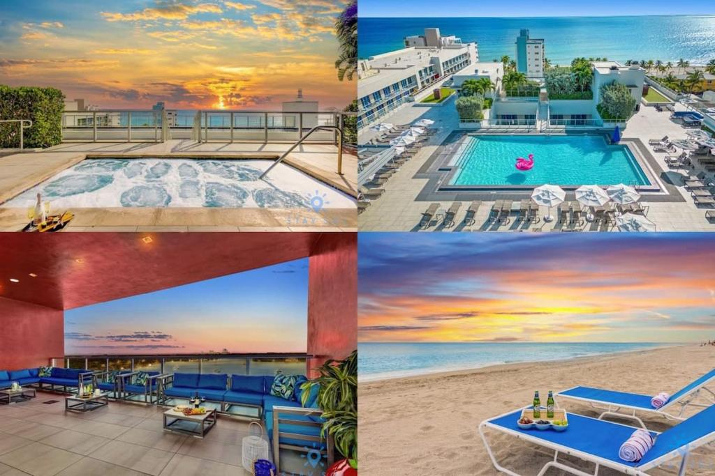 un collage de photos d'un complexe avec une piscine dans l'établissement Beachfront Condo -ROOFTOP POOL OceanView Balcony, à Hollywood