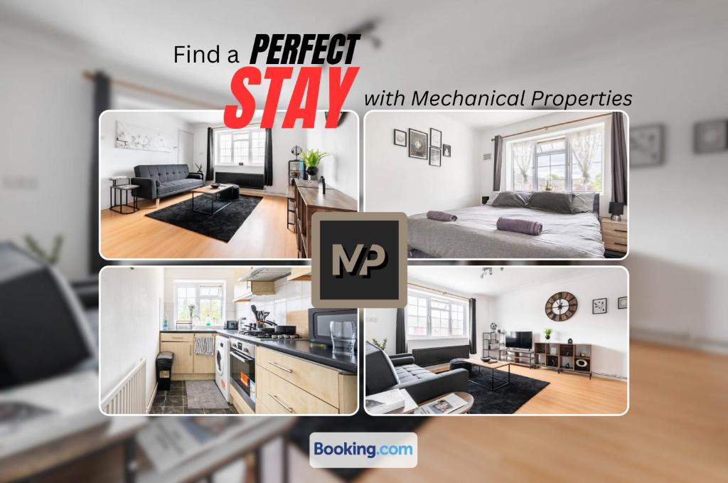 Luxury Apartment By Mechanical Properties Short Lets and Serviced Accommodation Epsom with Parking في إبسوم: ملصق بصور غرفة نوم ومطبخ