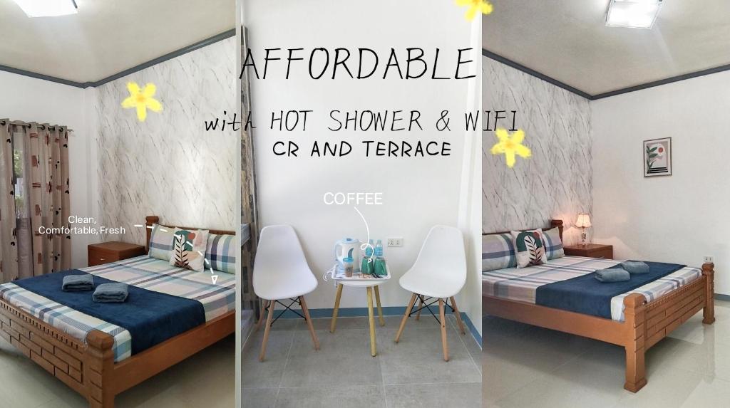 1 dormitorio con 2 camas y mesa con sillas en ELEN INN - Malapascua Island Air-conditioned Room2, en Isla de Malapascua