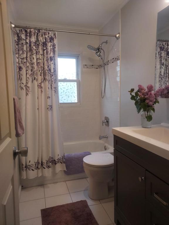 uma casa de banho com um WC e um chuveiro com uma janela em Garden retreat em Cold Spring