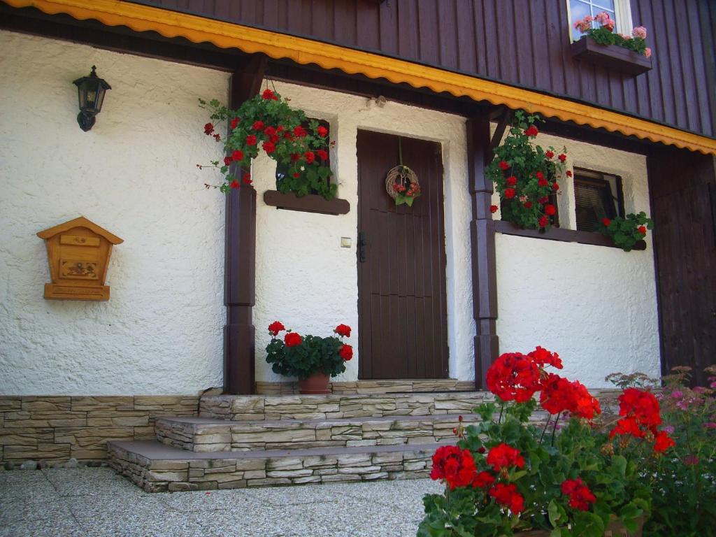 a front door of a house with red flowers on it at Apartment Herlikovice in Trutnov
