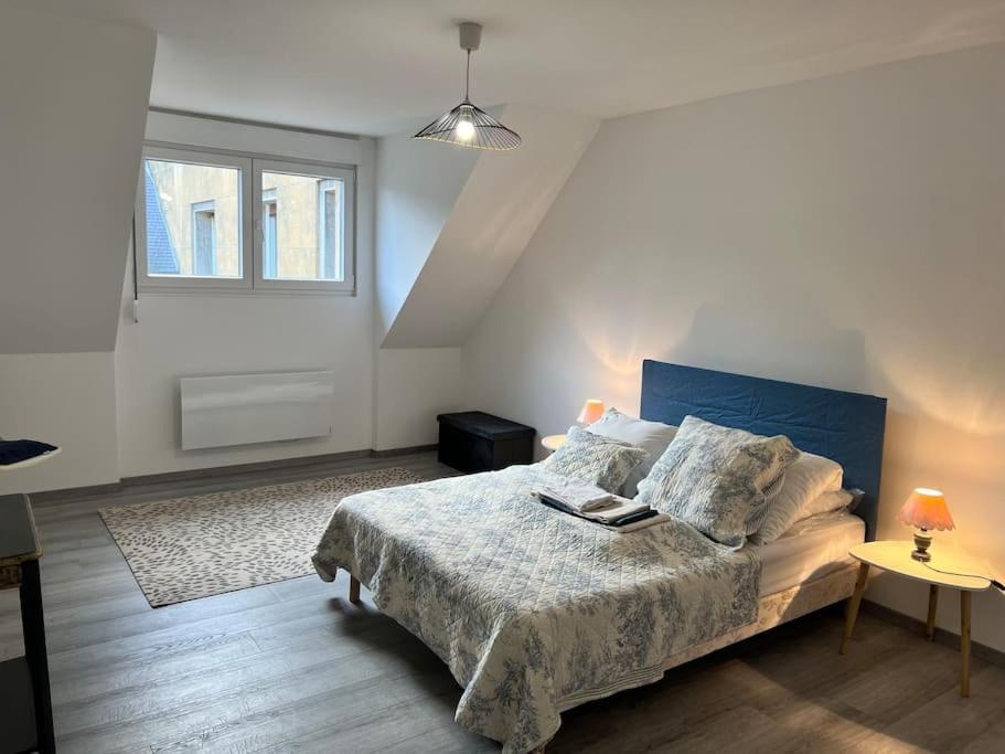 una camera da letto con letto con testiera blu e finestra di Appartement 4pers - Sedan centre a Sedan
