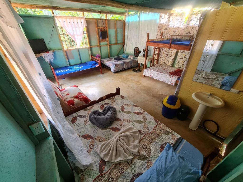 een kamer met een slaapkamer aan het plafond bij Ceiba Ganadito in Drake