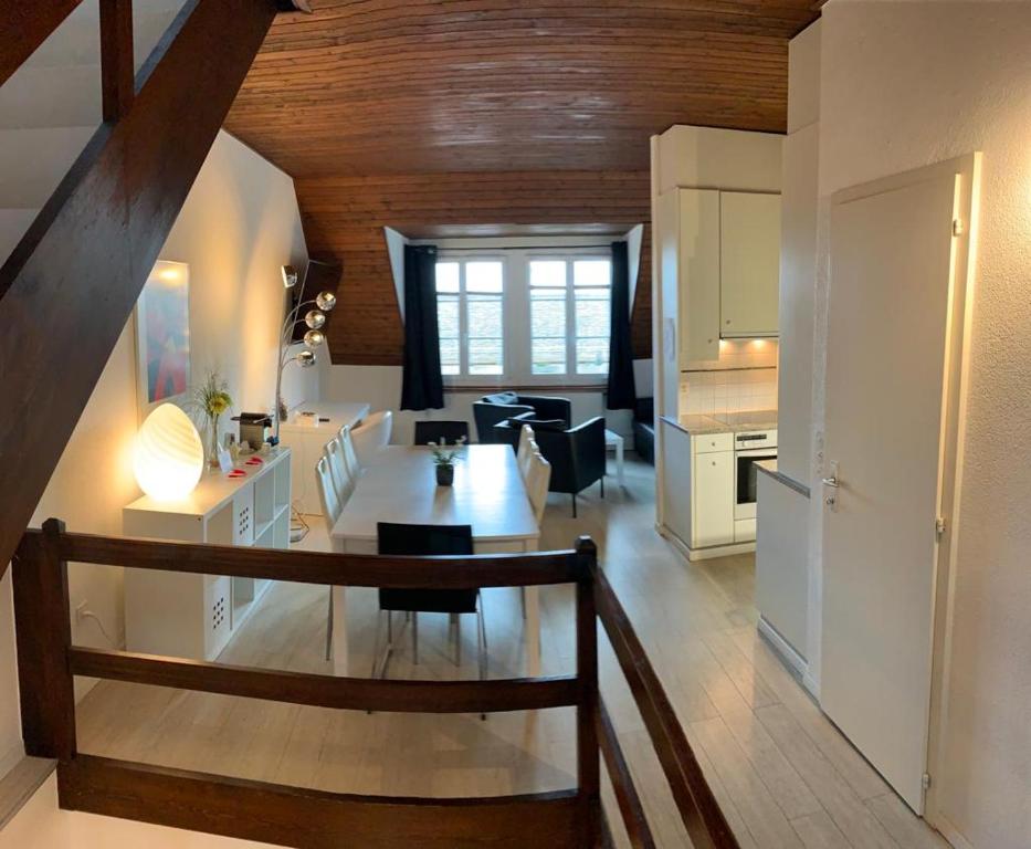 Il dispose d'une cuisine et d'un salon avec une table et une salle à manger. dans l'établissement Superbe Duplex Vue Château et Lac, à Neuchâtel