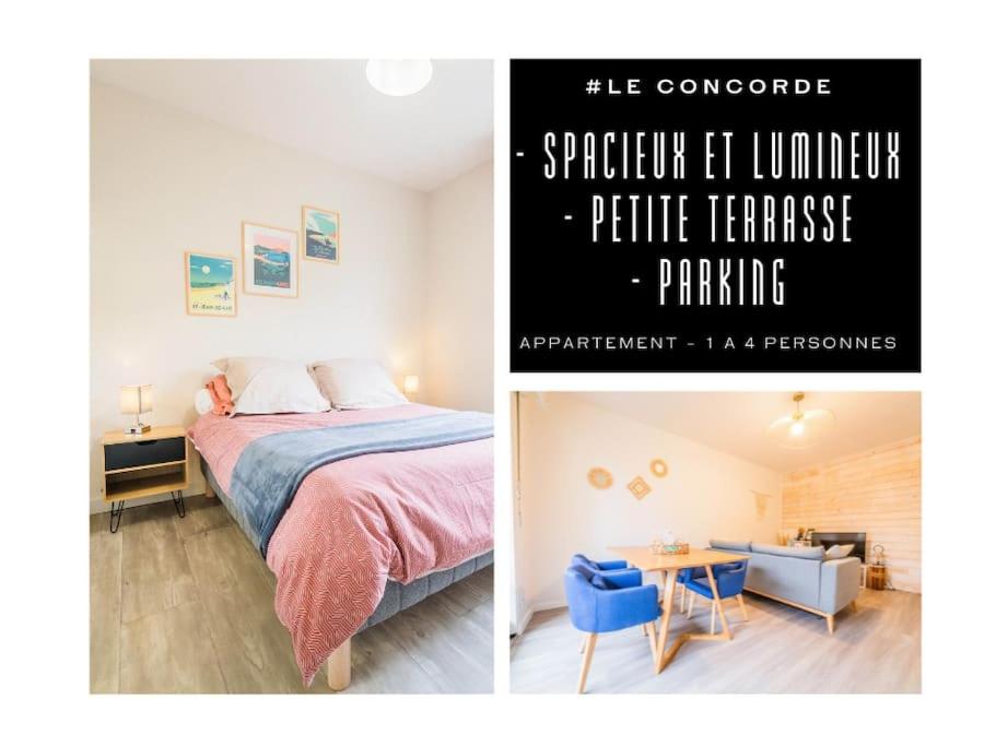 #Le Concorde - Centre-ville - Terrasse - Parking في بريف لا غايلارد: صورتين لغرفة نوم مع سرير وطاولة