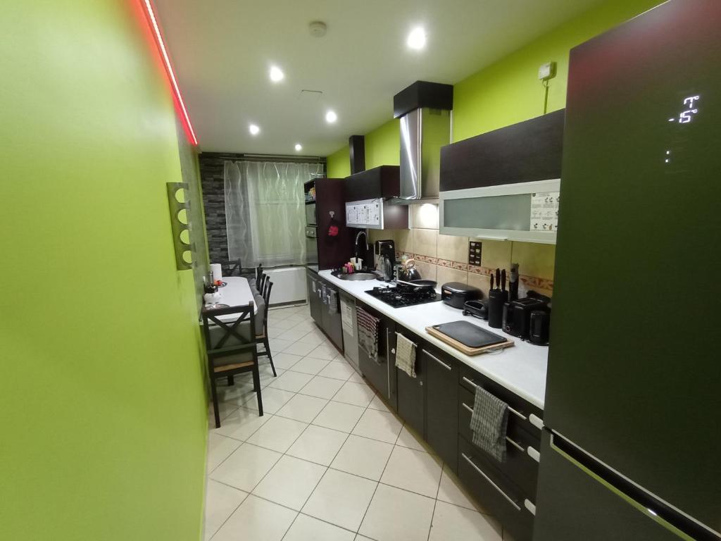 a kitchen with green and black cabinets and a table at APARTAMENT VENGE -CAŁE MIESZKANIE 46m2 NA WYŁĄCZNOŚĆ - Z JEDNĄ SYPIALNIĄ I JEDNYM SYPIALNO-SALONEM -3 PIĘTRO BEZ WINDY- REZERWACJA BEZ KARTY KREDYTOWEJ-KLIMATYZACJA-NETFLIX-2 ŁÓŻECZKA DZIECIĘCE- BEZPŁATNY PARKING PUBLICZNY in Wrocław