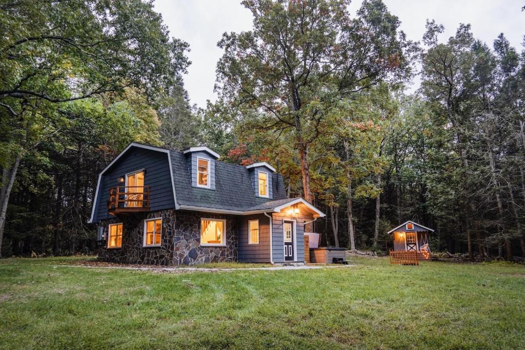 a house with a black roof on a grass field at Rivers Ledge - 62 Acre Nature Retreat in Eldred