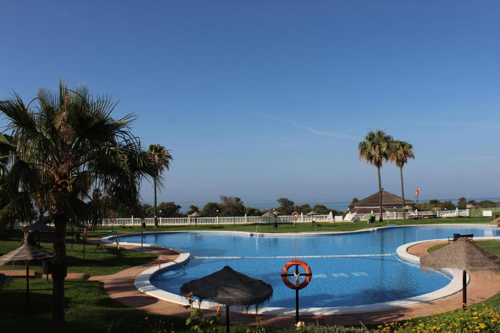 a large swimming pool with umbrellas and palm trees at Lunamar El mejor Resort en la mejor Playa in Marbella