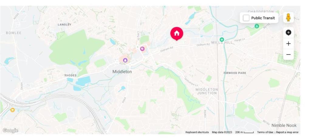 uma imagem de um mapa do Google com um marcador em Double Bedroom 96GLB Greater Manchester em Middleton