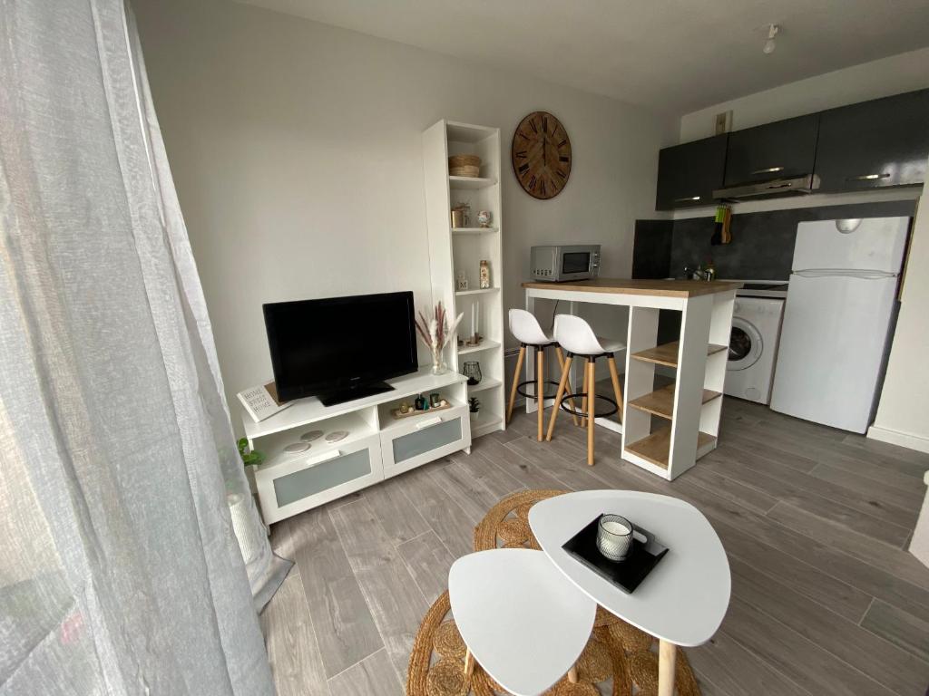 une cuisine et un salon avec une table et des chaises dans l'établissement Appartement cosy agde, à Agde