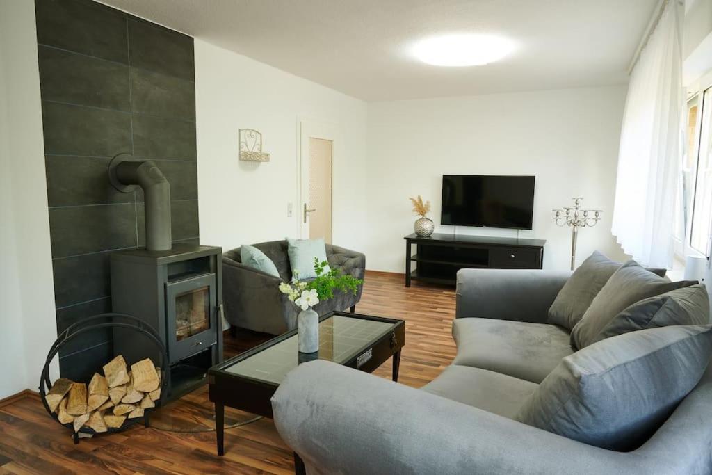 a living room with a couch and a fireplace at Meinerzhagen - Schöne Unterkunft mit Kamin in Meinerzhagen