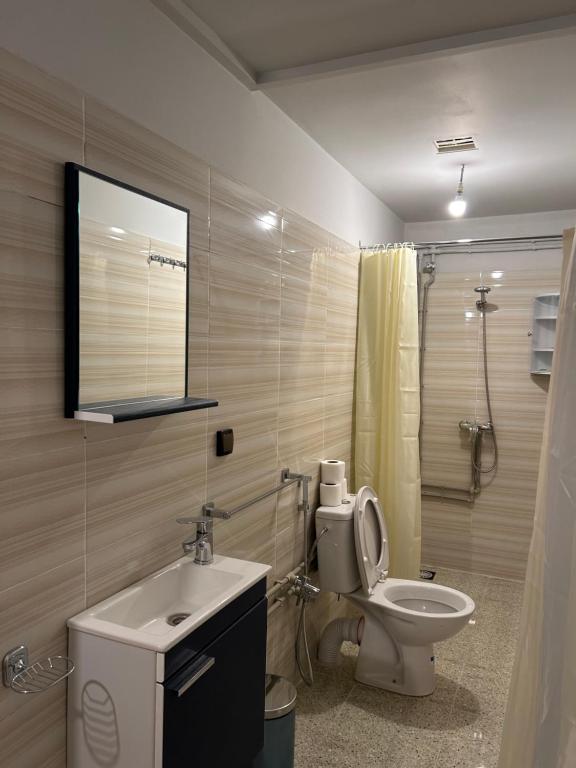 e bagno con servizi igienici, lavandino e doccia. di Hôtel Riad Atlas Dades a Boumalne Dades