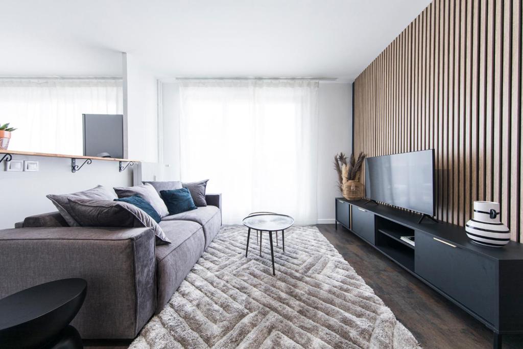 a living room with a couch and a flat screen tv at Appartement grande terrasse proche de Tours centre in Tours