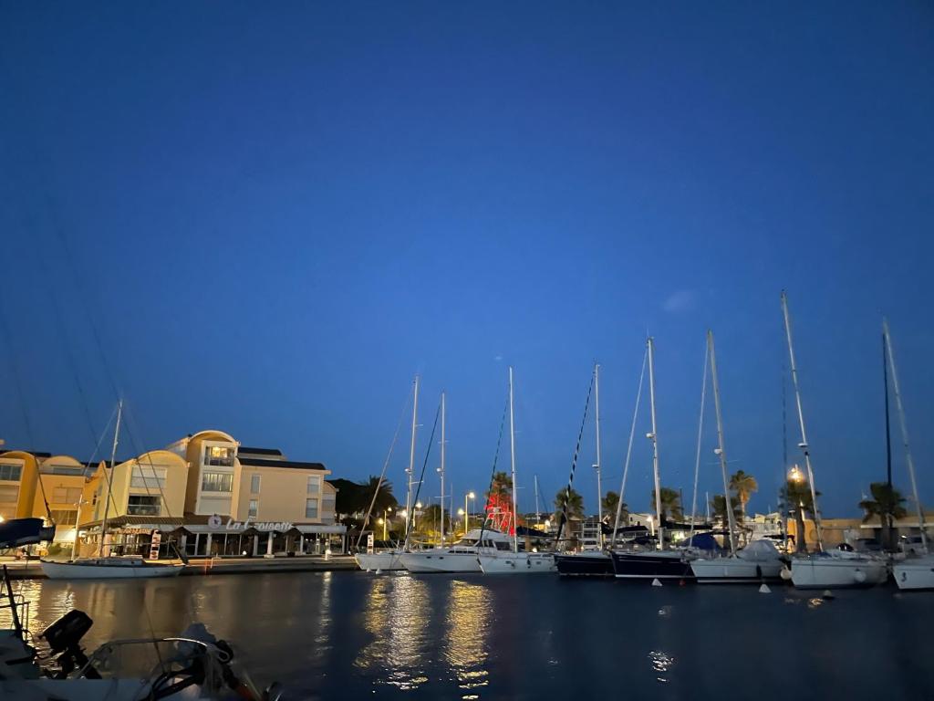 um grupo de barcos ancorados numa marina à noite em Symbiose sur l’eau Gruissan em Gruissan