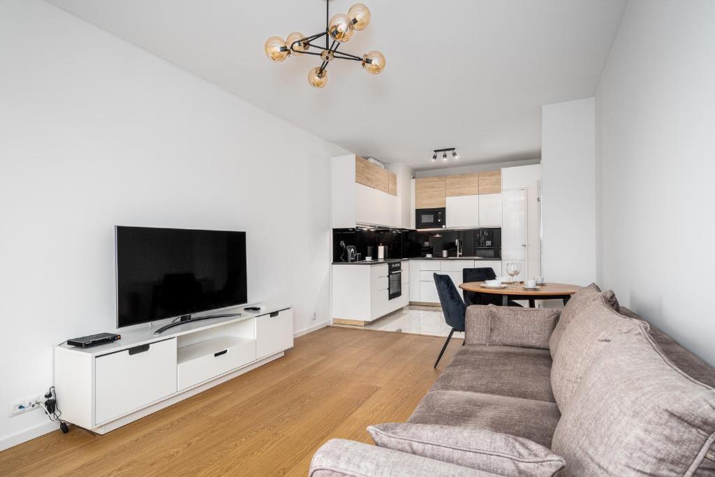ein Wohnzimmer mit einem Sofa und einem TV in der Unterkunft D&K Apart 1 Sierpnia 32A in Warschau