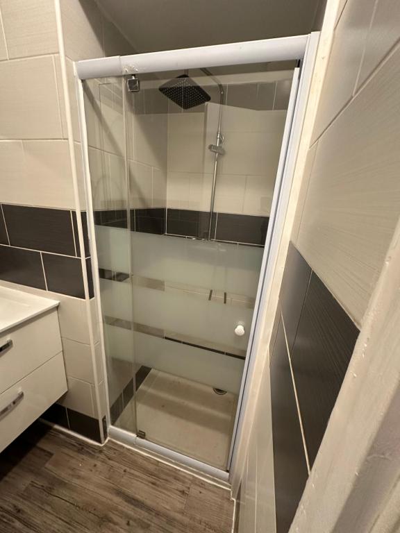 W łazience znajduje się prysznic ze szklanymi drzwiami. w obiekcie Le Nouveau des Ponts w mieście Vierzon