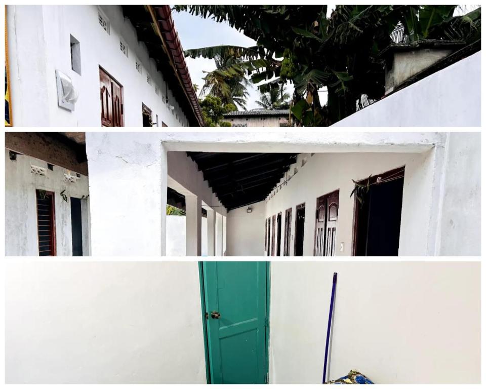 un collage di due foto con una porta verde di Nithusha holiday house நிதுஷா சுற்றுலா விடுதி a Jaffna