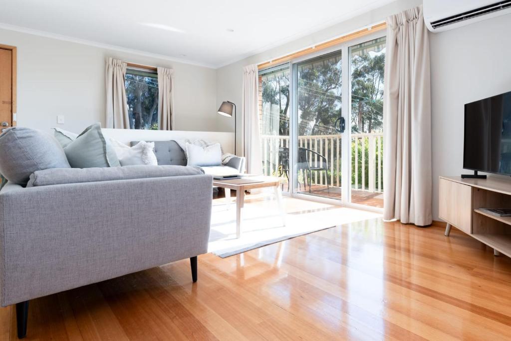 a living room with a couch and a television at Beautiful Sunny Home: Close to the CBD & Gorge in Royal Park
