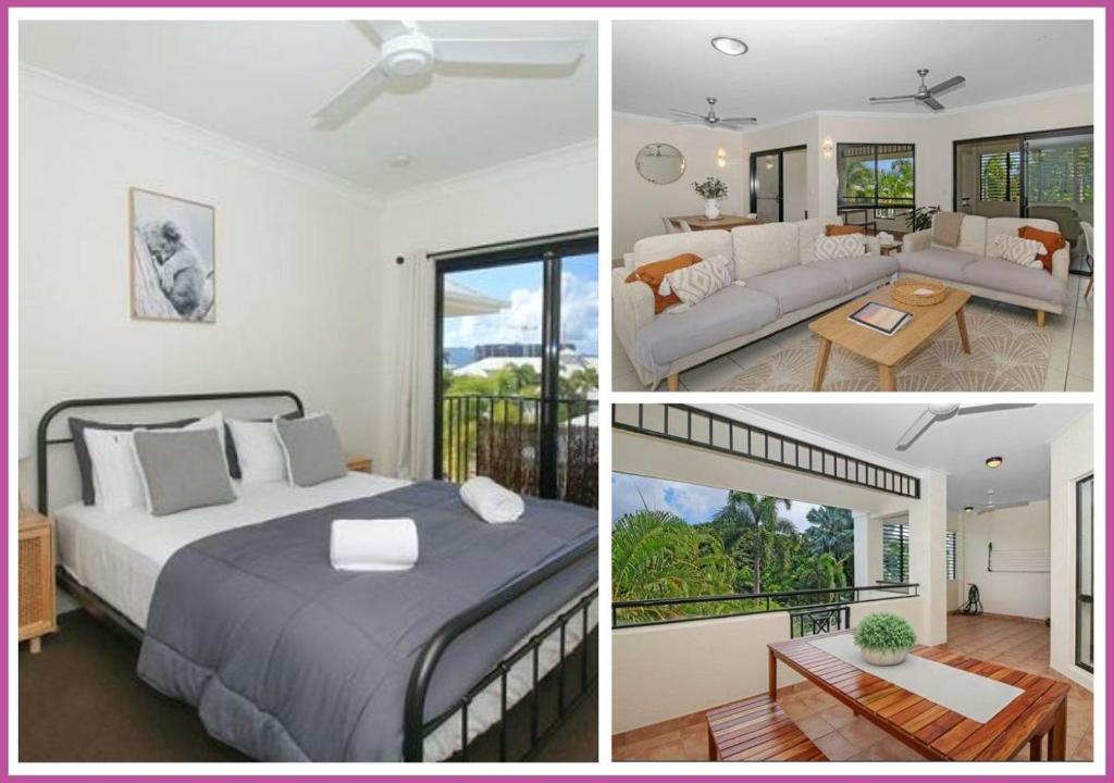 eine Collage mit Bildern eines Schlafzimmers und eines Wohnzimmers in der Unterkunft Breakwater 47 in Townsville