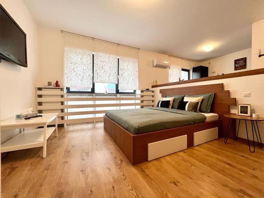 een slaapkamer met een bed, een bureau en een televisie bij Modern fully equipped studio -central- Carol Park in Boekarest